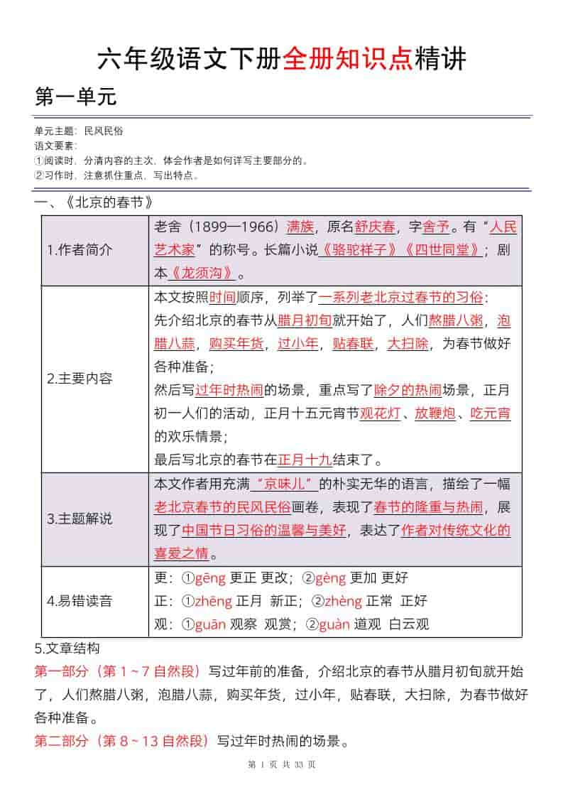 六年级下语文全册知识点精讲33页-墨痕学科