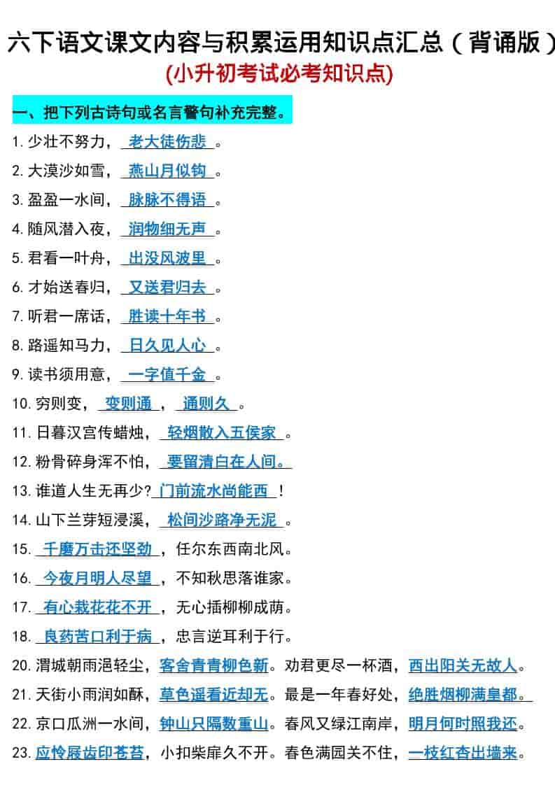 六年级下语文小升初期末必考知识点-墨痕学科