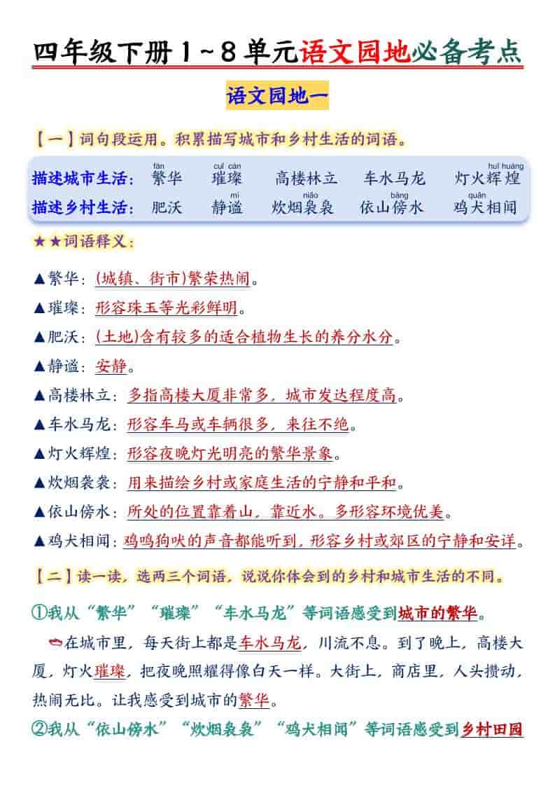 四年级下语文园地1-8单元必备考点-墨痕学科