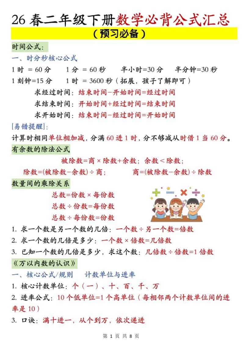 二年级下数学必背公式汇总《人教版》-墨痕学科