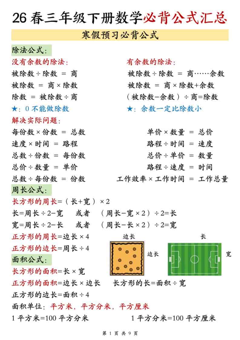 三年级下数学26春必背公式汇总-墨痕学科