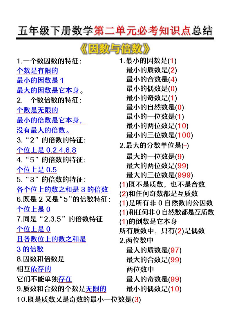 五年级下数学第二单元必考知识点总结-墨痕学科