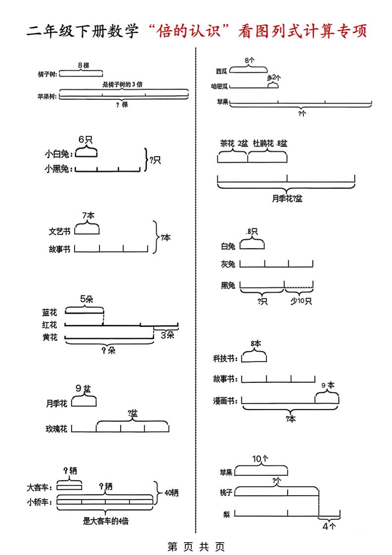 二年级下数学“倍的认识”看图列式计算专练-墨痕学科