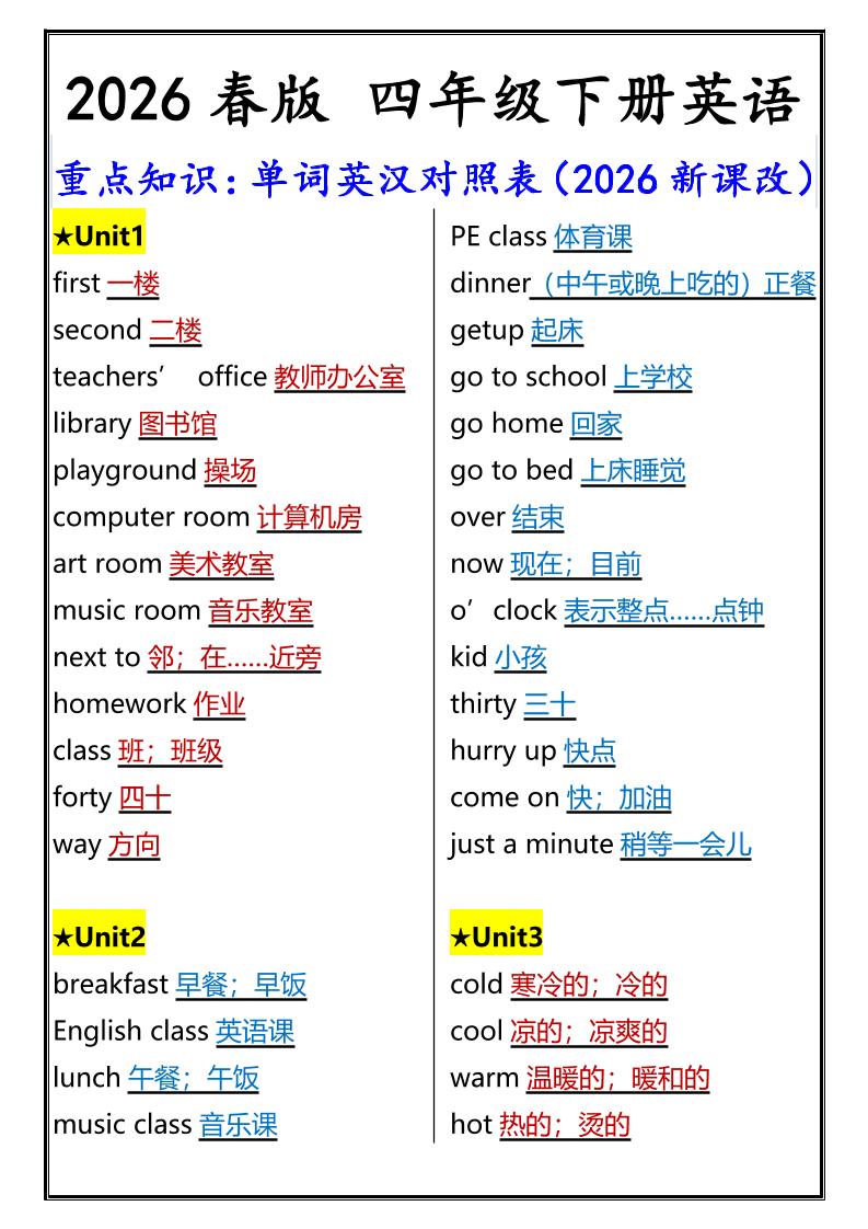 2026春新版四年级下英语重点知识：单词英汉对照表《人教版PEP》-墨痕学科