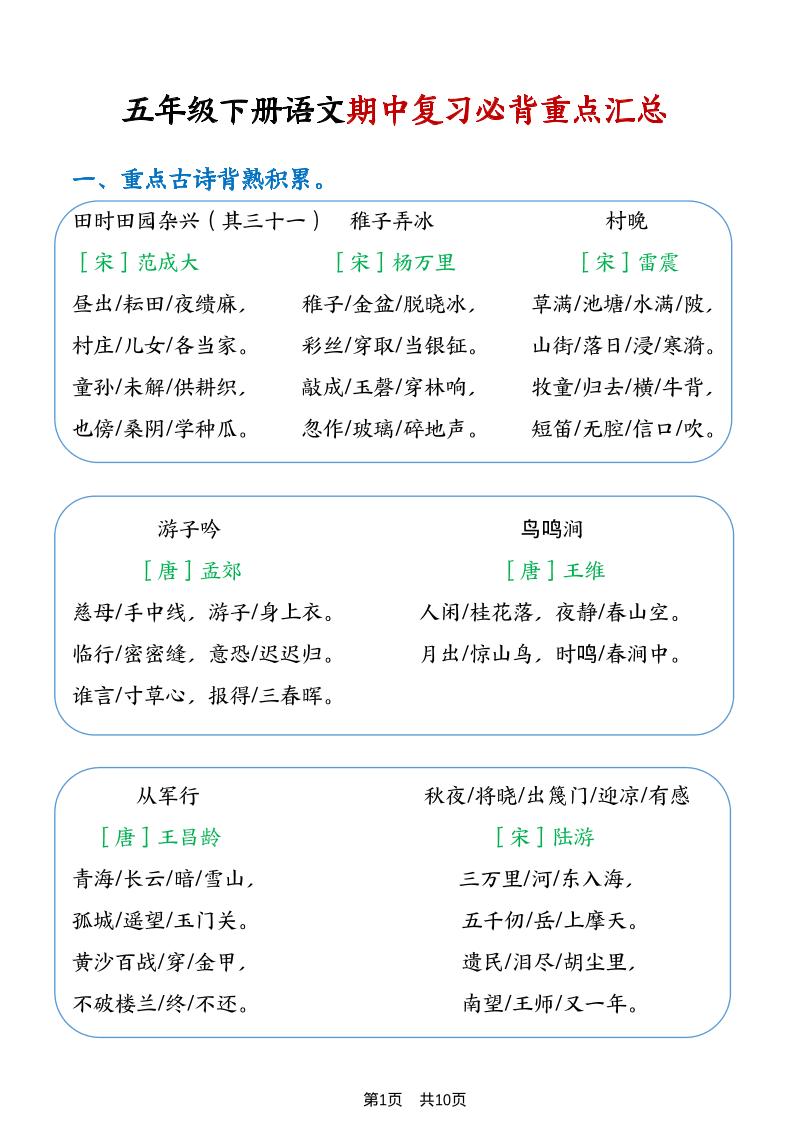 五年级下语文期中复习重点知识点汇总1-墨痕学科