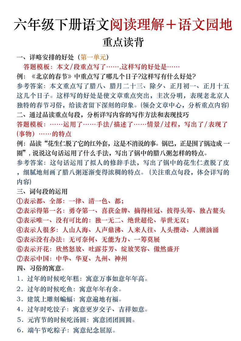 六年级下语文阅读理解＋语文园地专题-墨痕学科