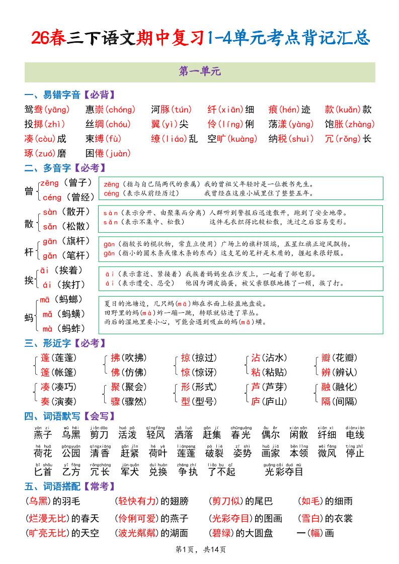 三年级下语文期中复习1-4单元考点背记汇总-墨痕学科