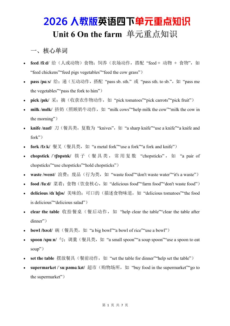 四年级下英语Unit6重点知识汇总《人教版PEP》-墨痕学科