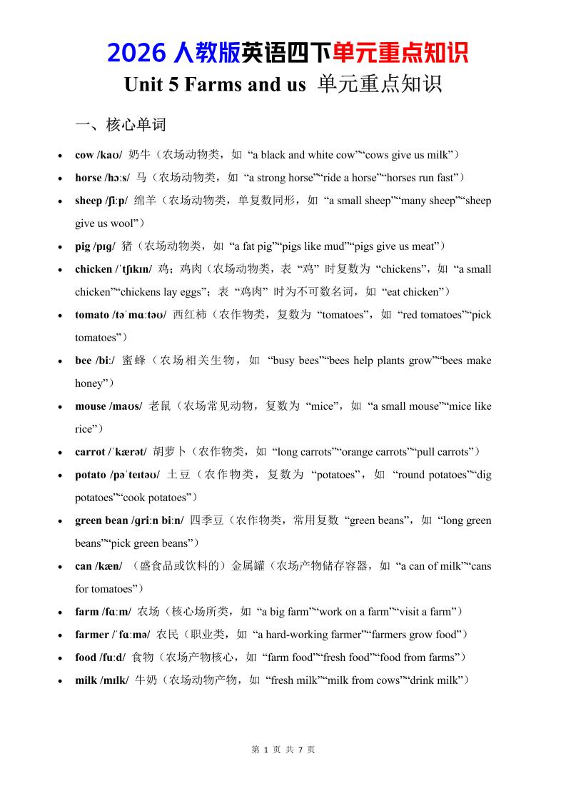 四年级下英语Unit5重点知识汇总《人教版PEP》-墨痕学科