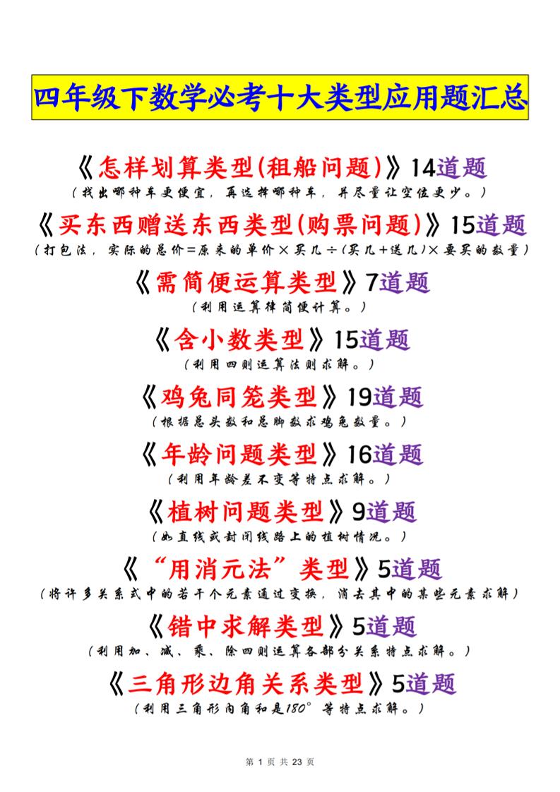 四年级下数学必考十大类型应用题汇总-墨痕学科