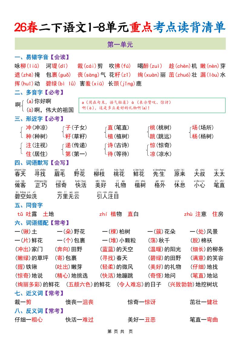 二年级下语文1-8单元重点考点读背清单-墨痕学科