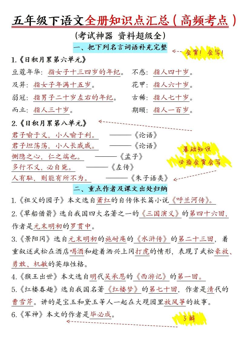 五年级下语文期末全册知识点汇总高频考点-墨痕学科