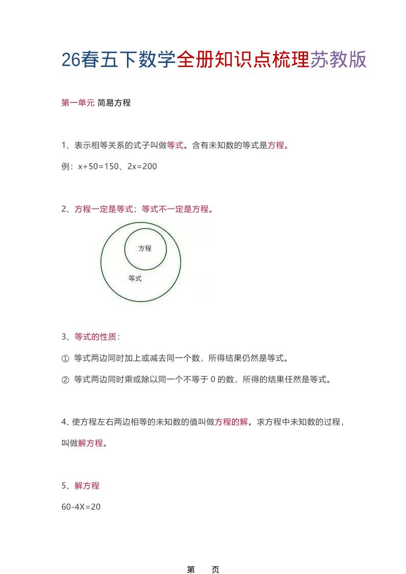 26春五年级下数学全册知识点梳理《苏教版》-墨痕学科