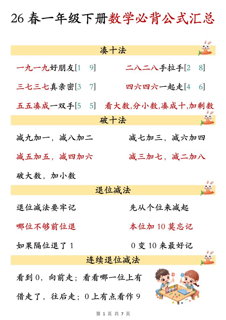 26春一年级下数学期末必背公式汇总-墨痕学科