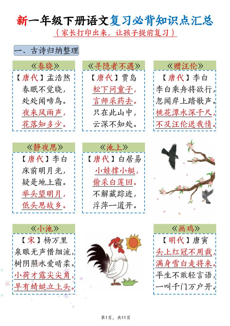 新一年级下册语文复习必背知识点汇总-墨痕学科