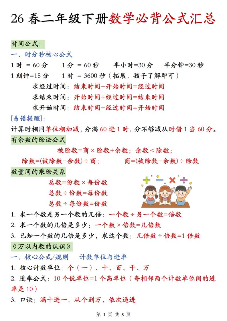 26春二年级下数学期末必背公式汇总-墨痕学科