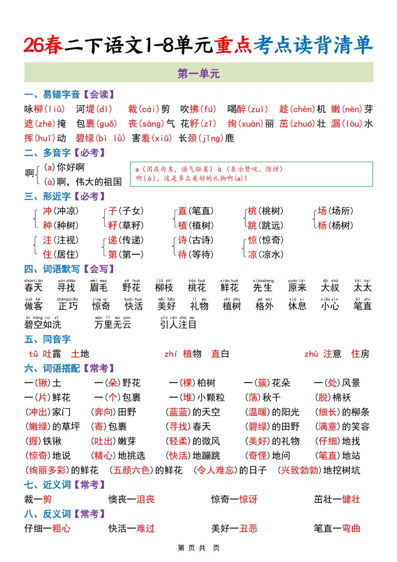 二年级下语文期末复习1-8单元重点考点读背清单-墨痕学科