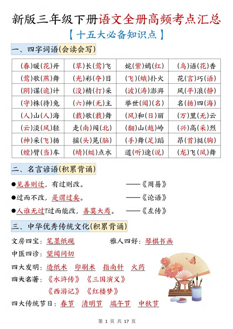 三年级下语文期末复习高频考点汇总（十五大必备知识点）-墨痕学科