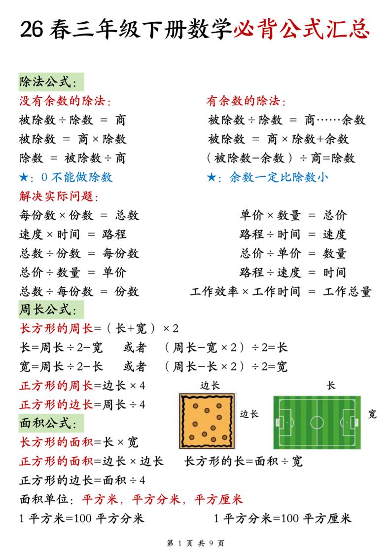 26春三年级下数学期末必背公式汇总-墨痕学科