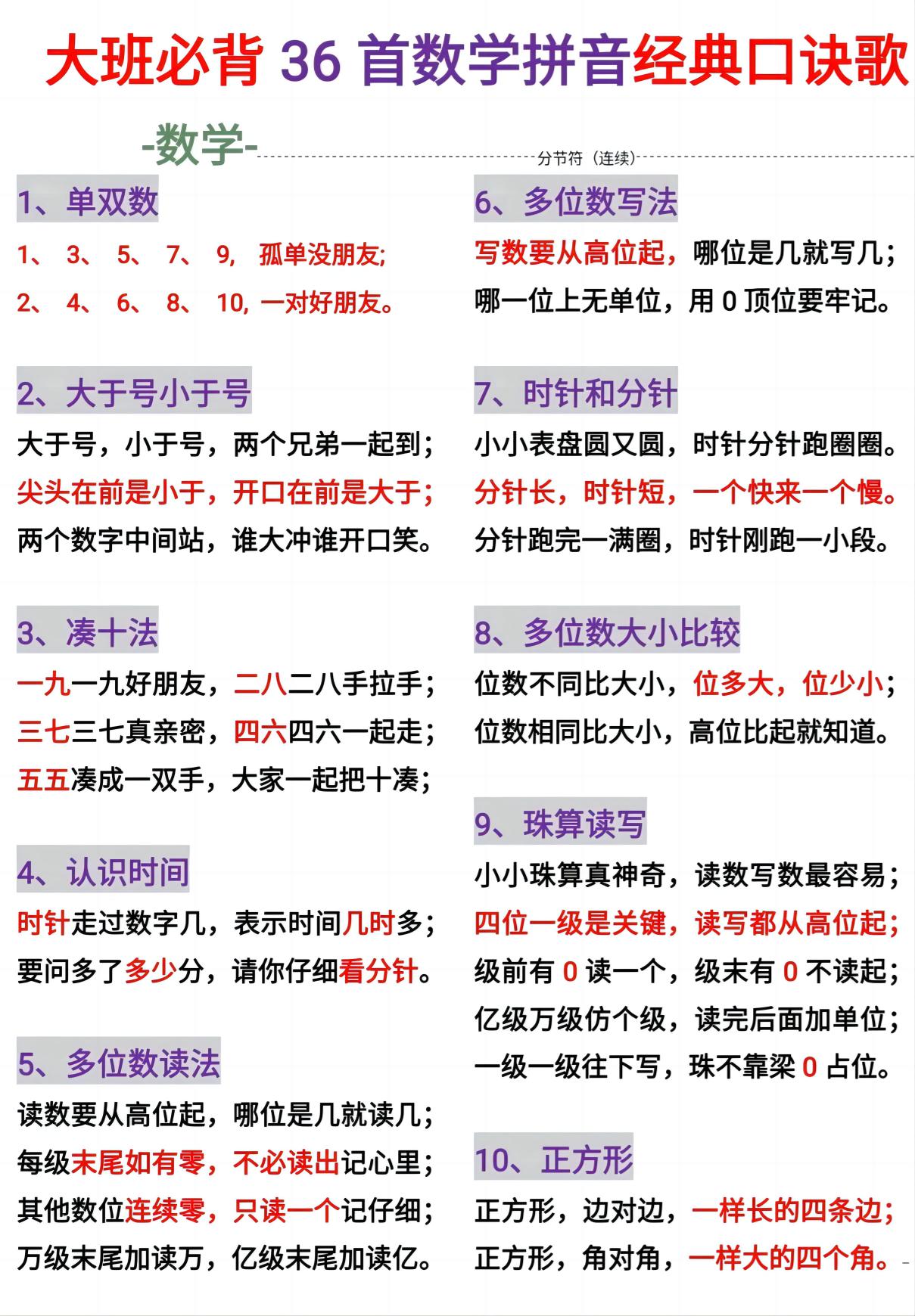 幼小衔接必背36首数学拼音百科经典口诀儿歌-墨痕学科