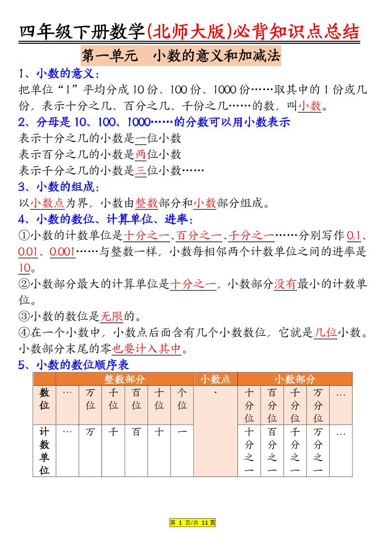 四年级下数学知识要点归纳《北师版》-墨痕学科