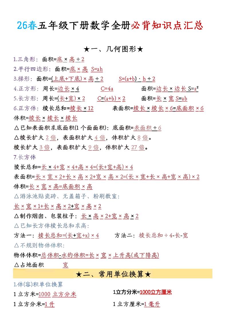 26春五年级下数学期末必背公式汇总-墨痕学科