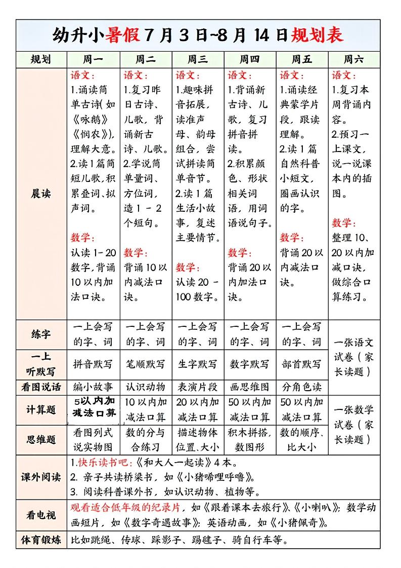 幼升小暑假规划表-墨痕学科