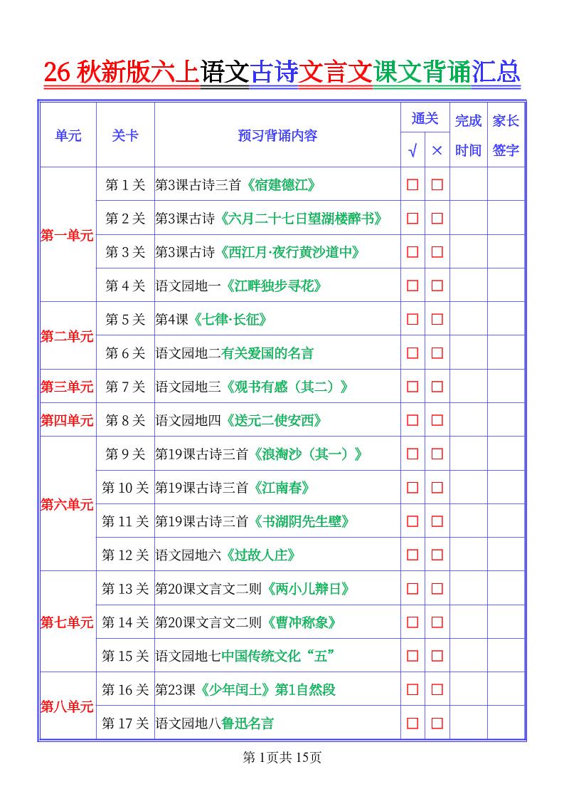 26秋新六上语文古文文言文课文背诵内容汇总-背诵版-墨痕学科
