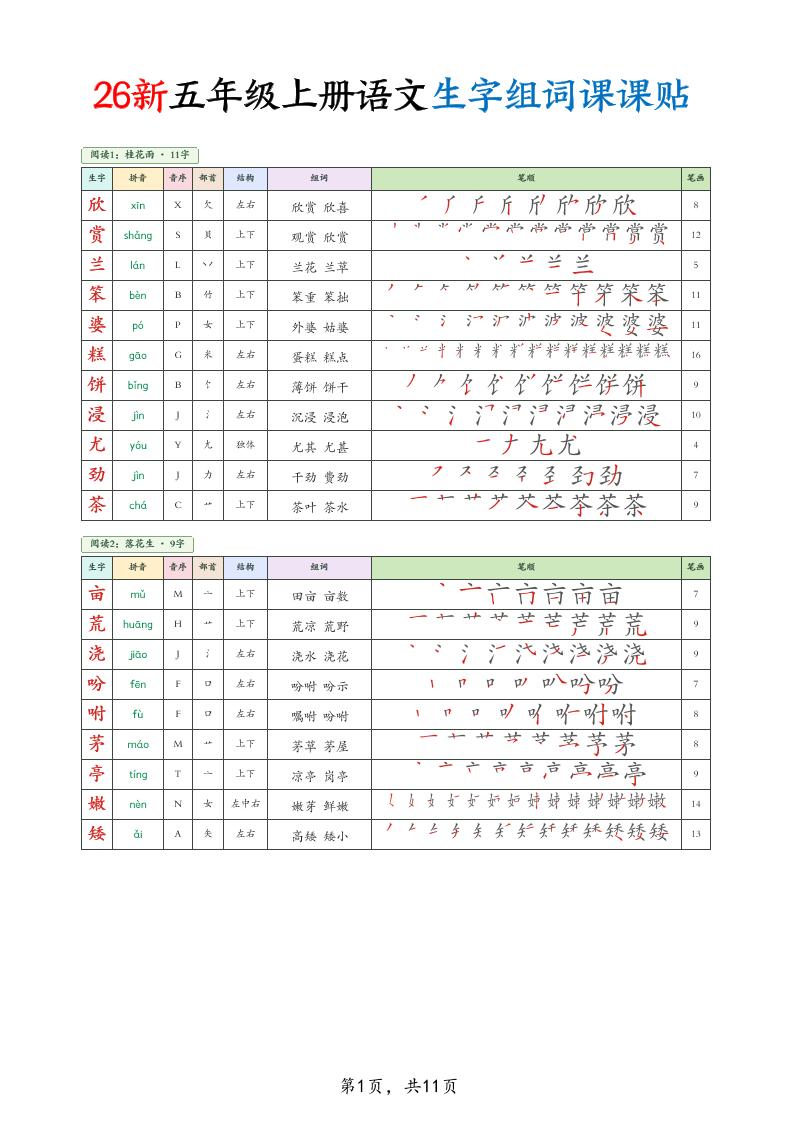 26新五上语文生字组词课课贴11页-墨痕学科