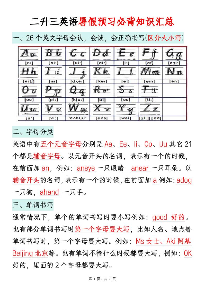 二升三英语暑假预习必背知识汇总通用版-三上英语-墨痕学科