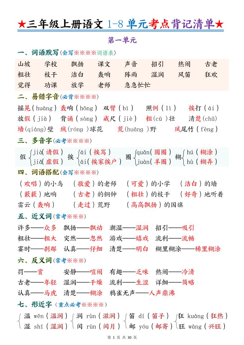 新三上语文1-8单元考点背记清单30页-墨痕学科
