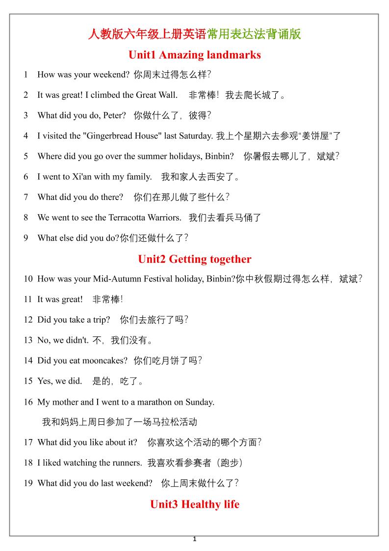 六年级上册英语常用表达法（背诵表）-墨痕学科