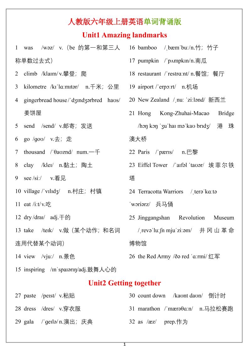 六年级上册英语单词（背诵表）-墨痕学科