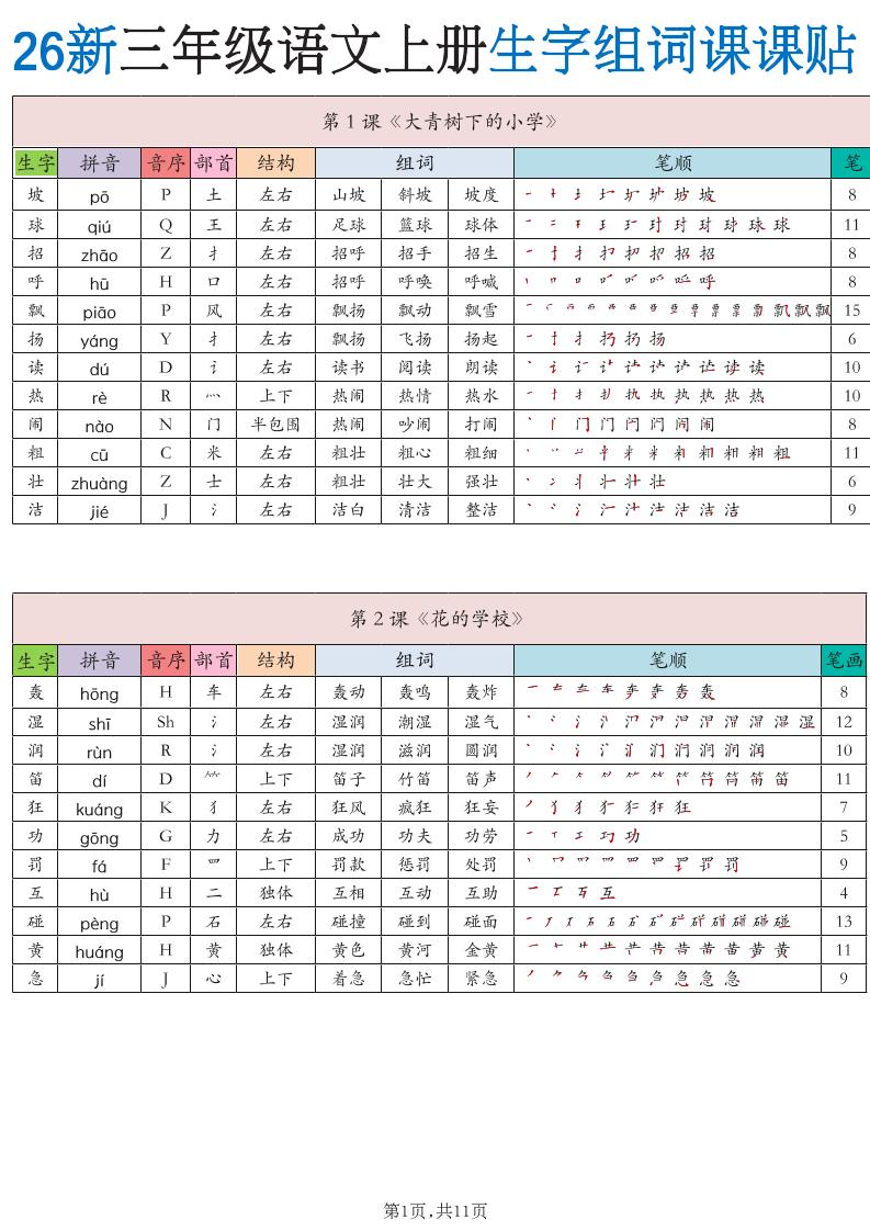 26新三上语文《生字组词课课贴》11页-墨痕学科