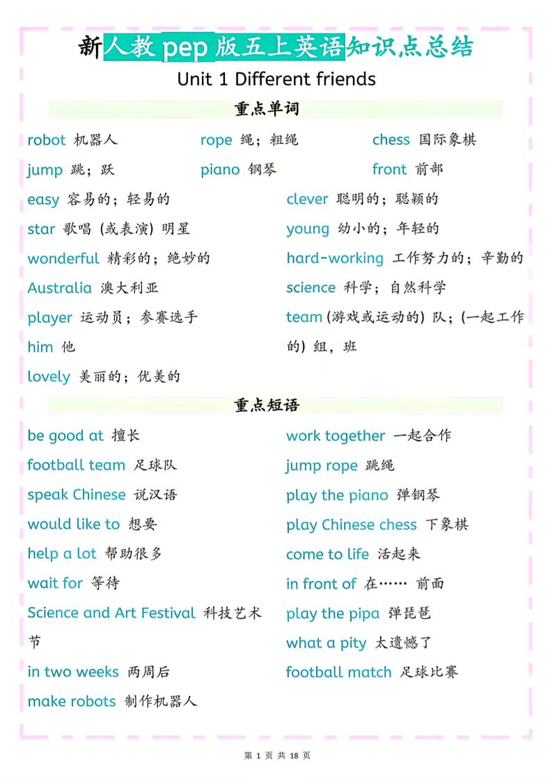 26秋新人教pep版五上英语知识点总结-墨痕学科