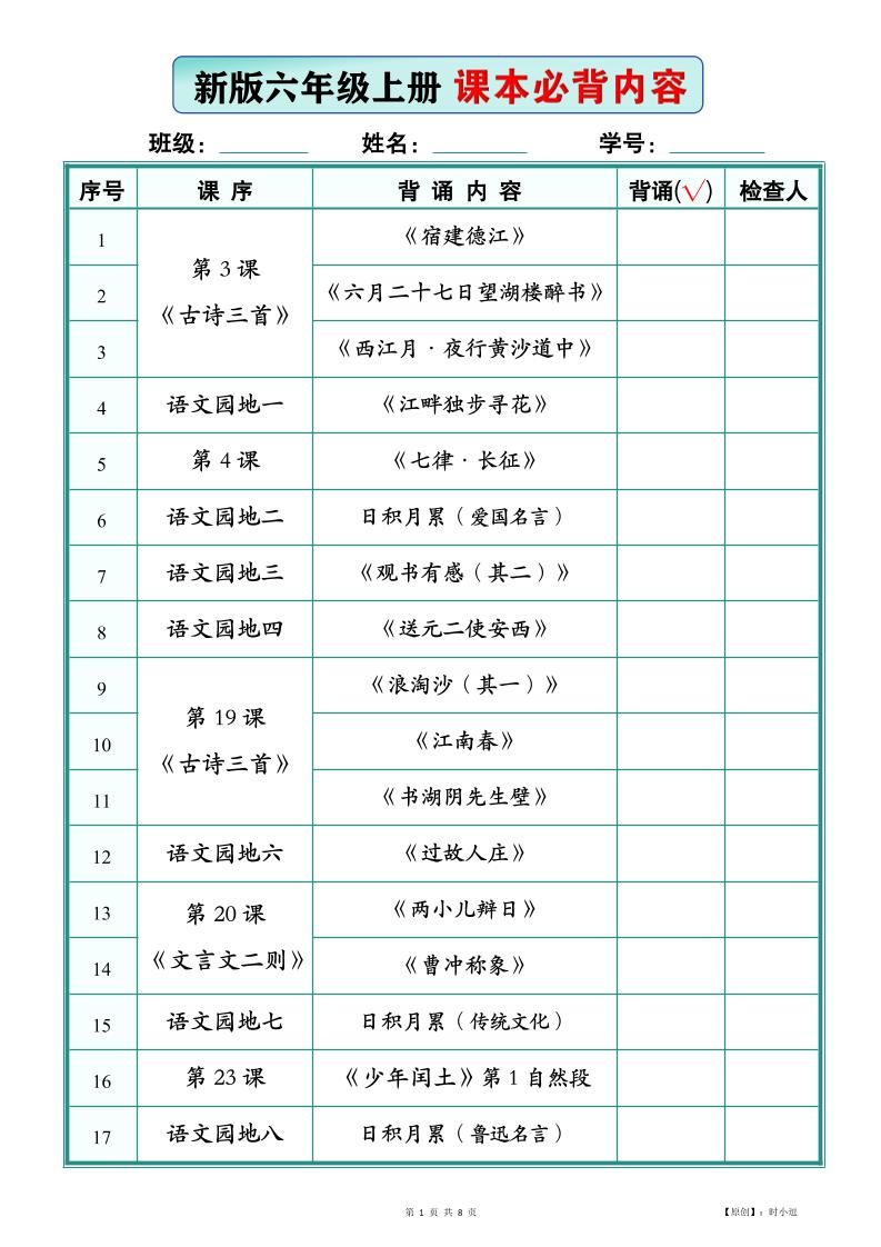 26新版六上语文【课本必背内容】背诵版-墨痕学科