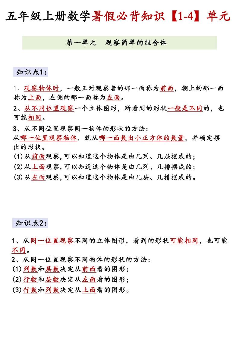 26新五上数学【1-4】单元必背知识《人教版》-墨痕学科