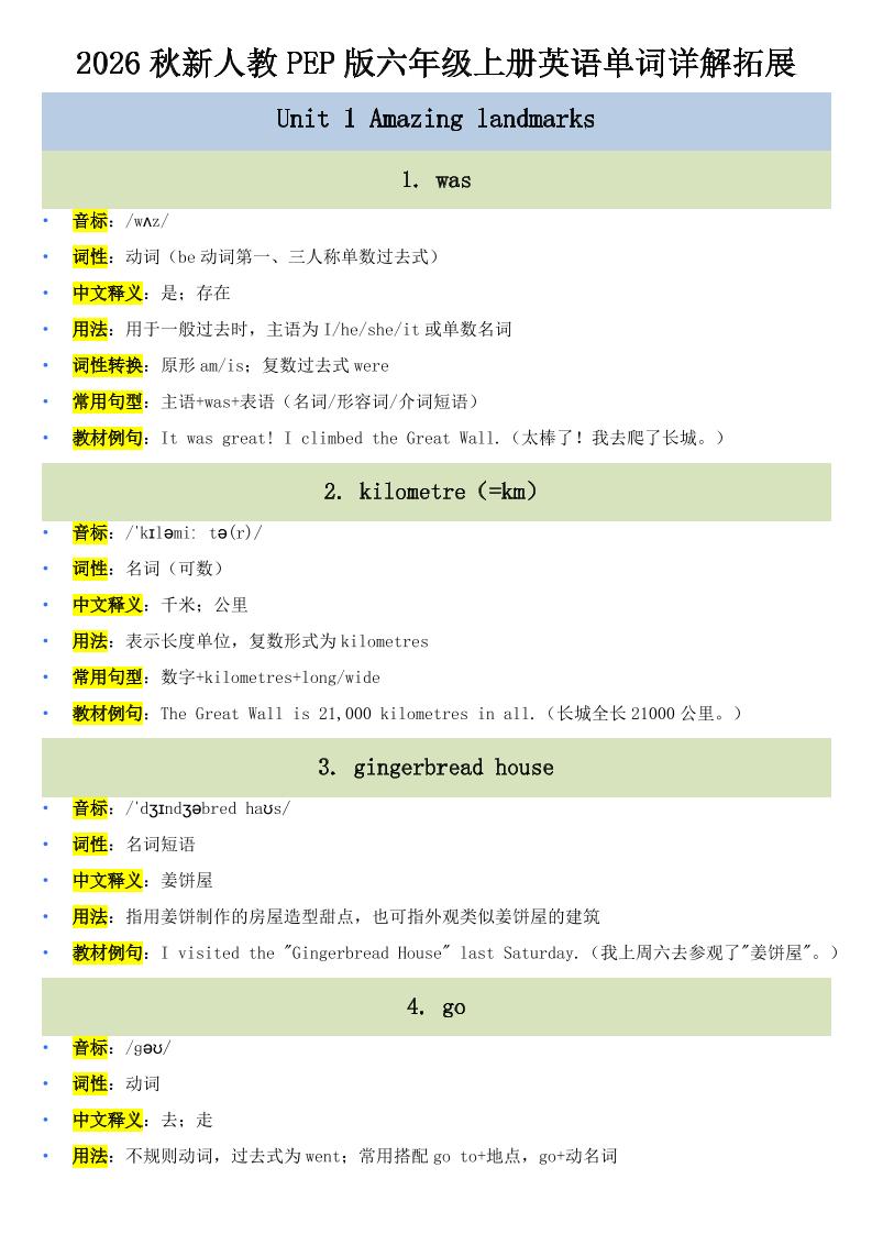 2026秋PEP人教版六年级上册英语U1-U6单词短语全解-墨痕学科