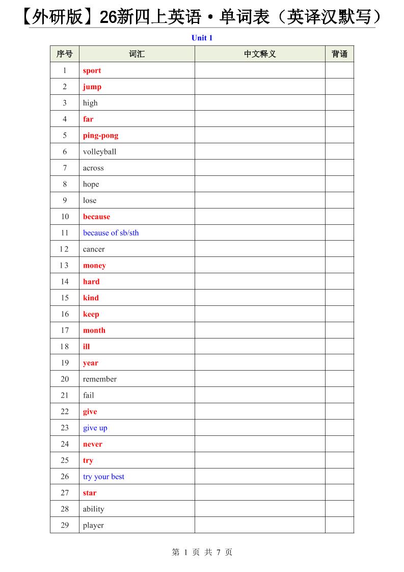 【外研版】26新四上英语·单词表（英译汉默写）-墨痕学科
