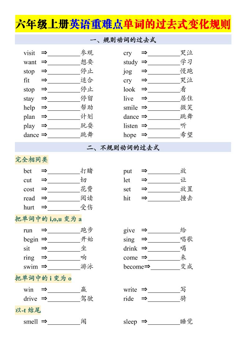 六上英语重点：动词的过去式变化专项-墨痕学科