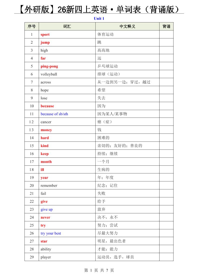 【外研版】26新四上英语·单词表（背诵版）-墨痕学科