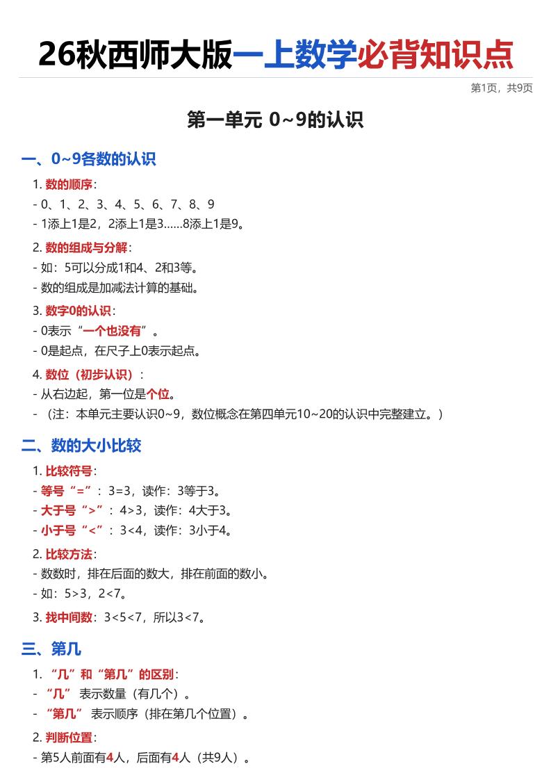 26秋西师大版一上数学·必背知识点（全册）-墨痕学科